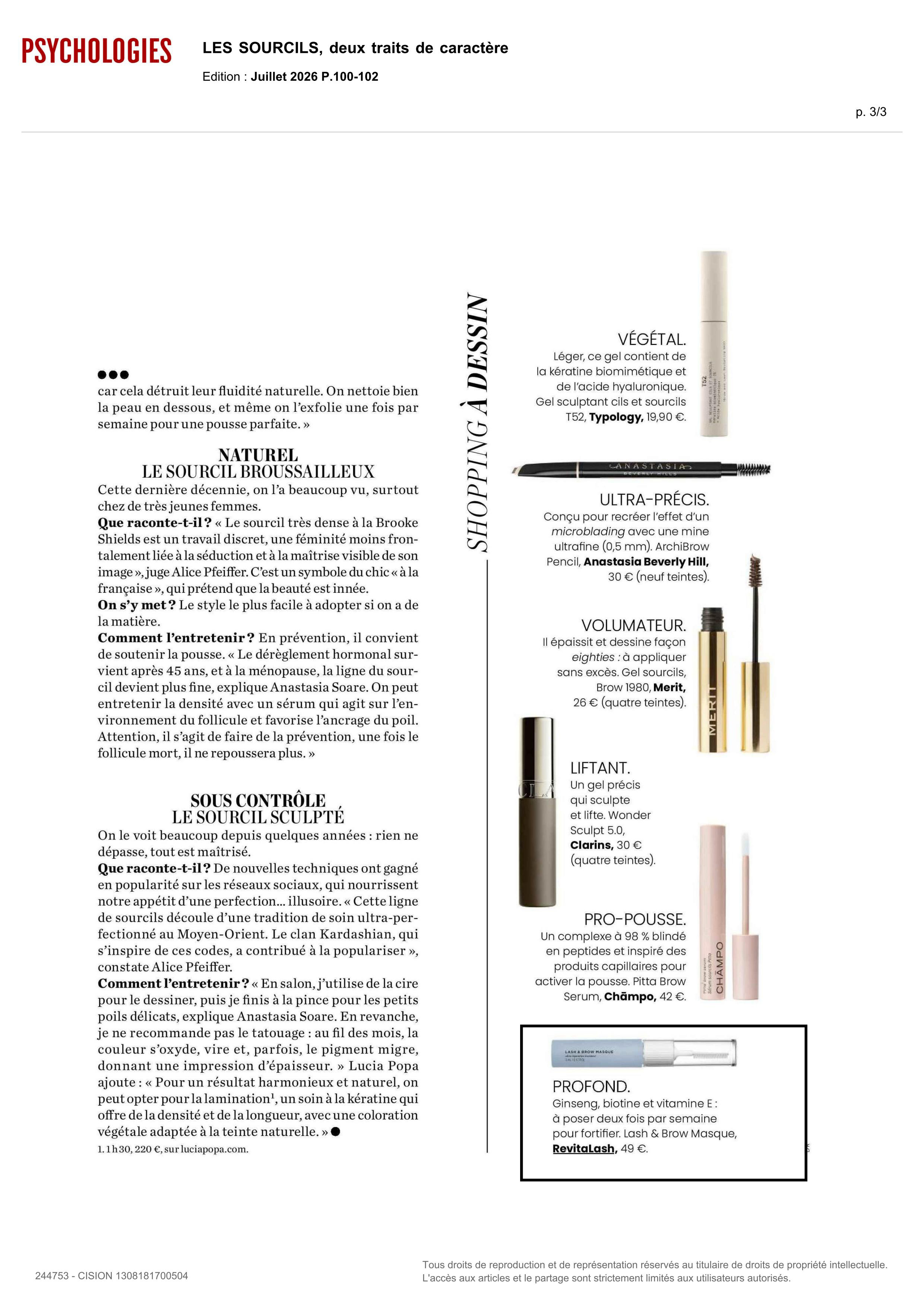 Lash & Brow Masque paru dans Psychologies  - Juillet 2026